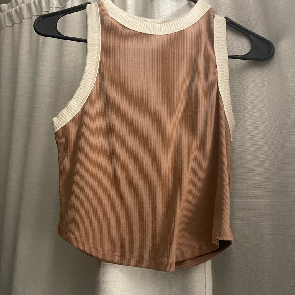 tan and creme high neck tank